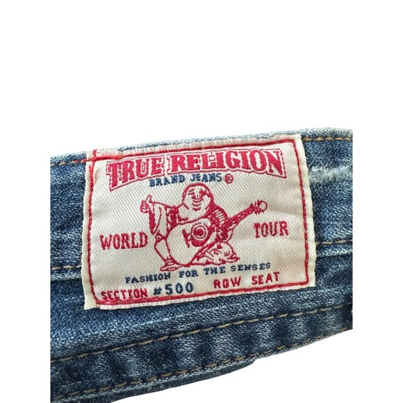 vintage True Religion Women’s Distressed Flare Jeans Size 28 Blue Denim Made In - Picture 3 of 11